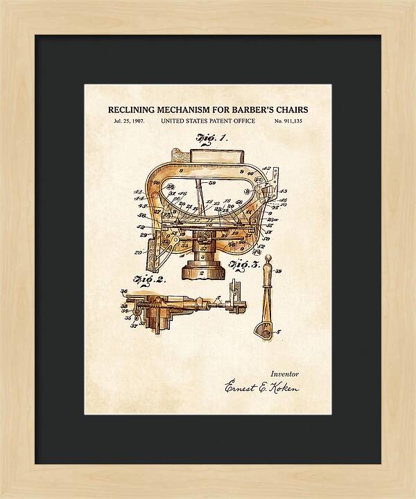 Barber's Chair Reclining Mechanism Watercolor Patent Us911135a