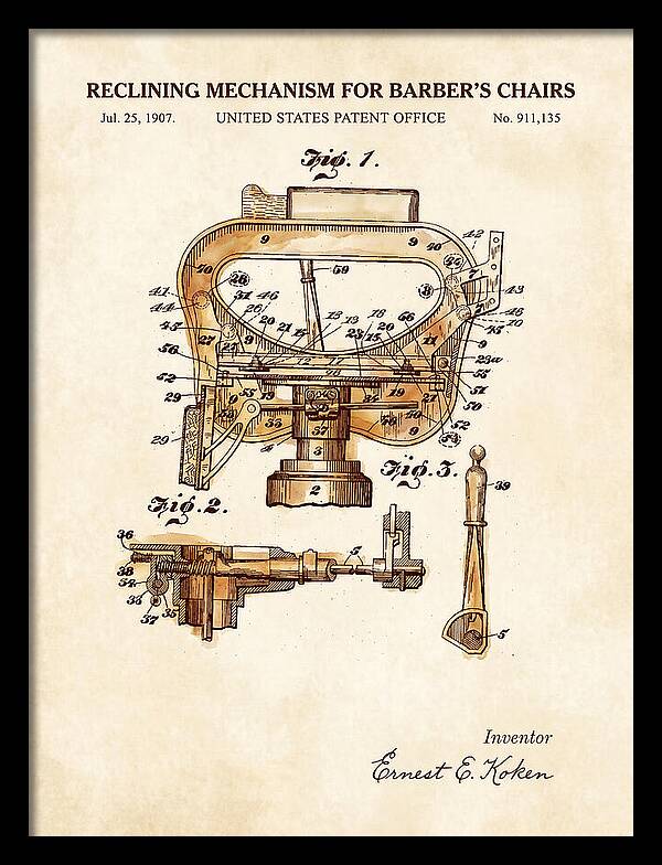 Barber's Chair Reclining Mechanism Watercolor Patent Us911135a