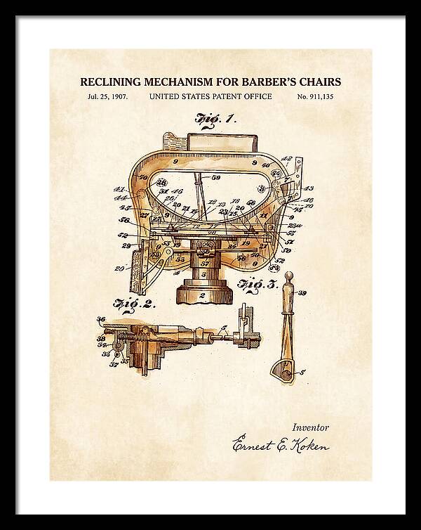 Barber's Chair Reclining Mechanism Watercolor Patent Us911135a