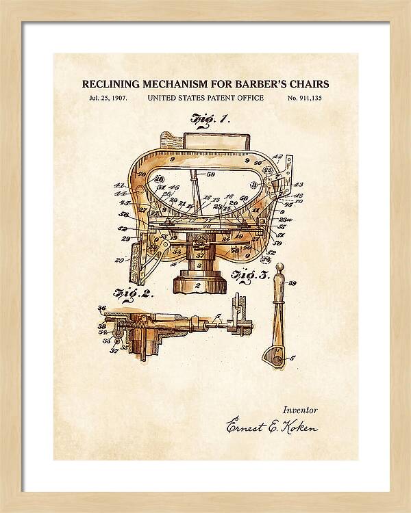 Barber's Chair Reclining Mechanism Watercolor Patent Us911135a