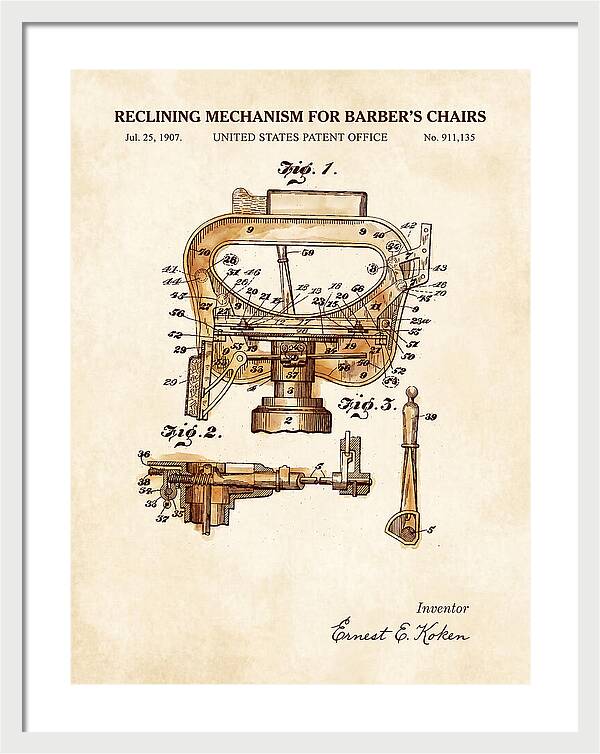 Barber's Chair Reclining Mechanism Watercolor Patent Us911135a