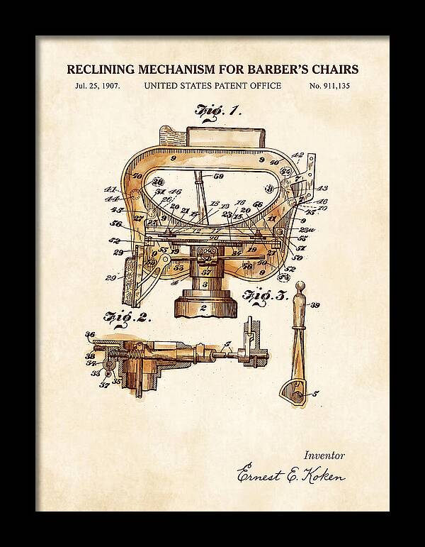 Barber's Chair Reclining Mechanism Watercolor Patent Us911135a