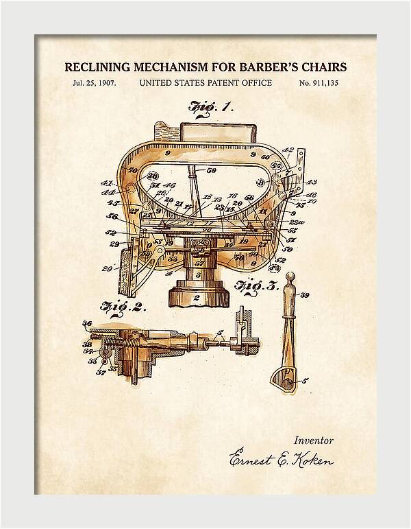 Barber's Chair Reclining Mechanism Watercolor Patent Us911135a