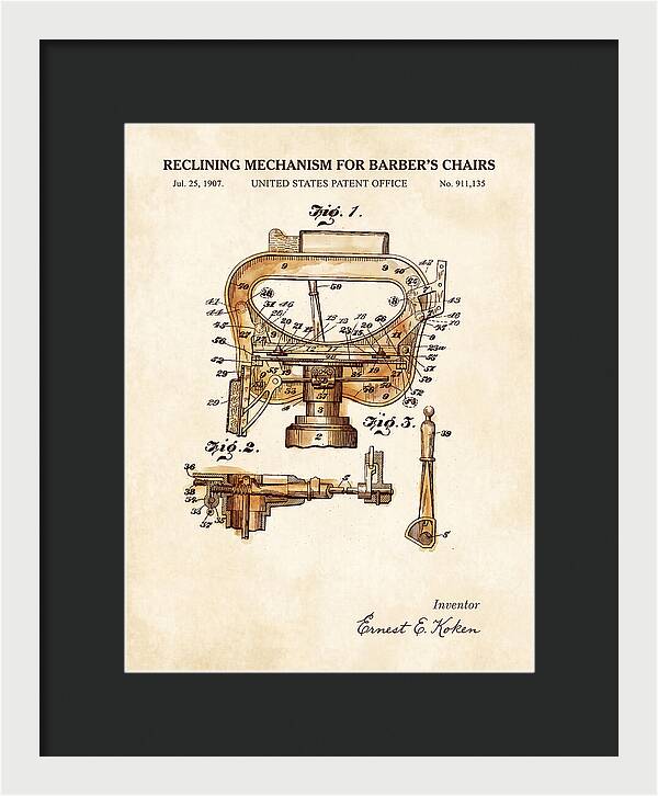 Barber's Chair Reclining Mechanism Watercolor Patent Us911135a