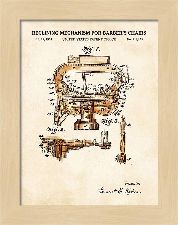 Barber's Chair Reclining Mechanism Watercolor Patent Us911135a