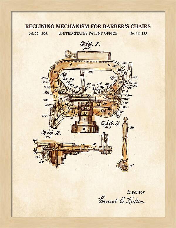 Barber's Chair Reclining Mechanism Watercolor Patent Us911135a