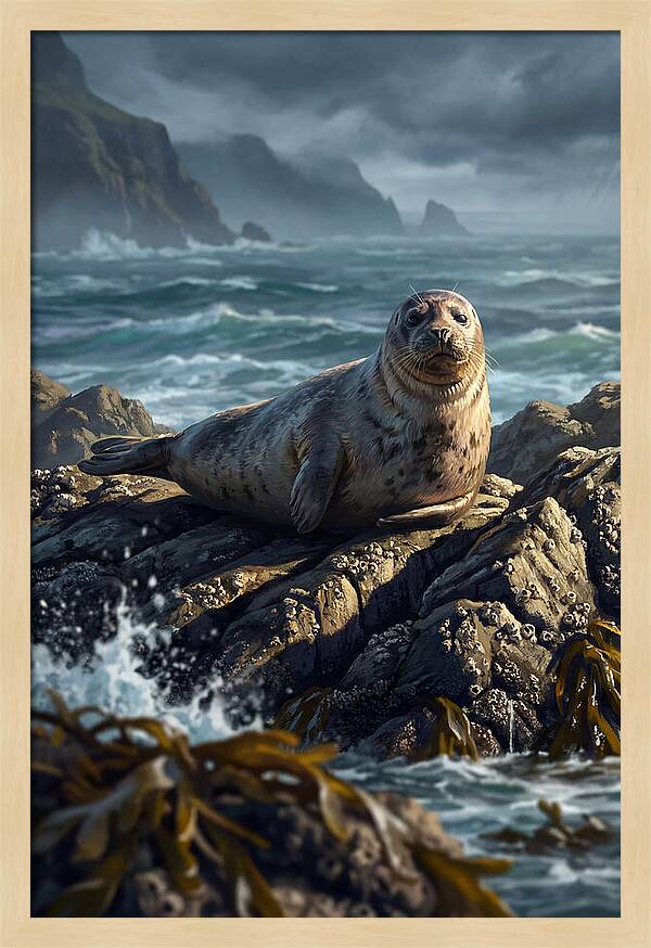 Basking Harbor Seal On Rocky Shore