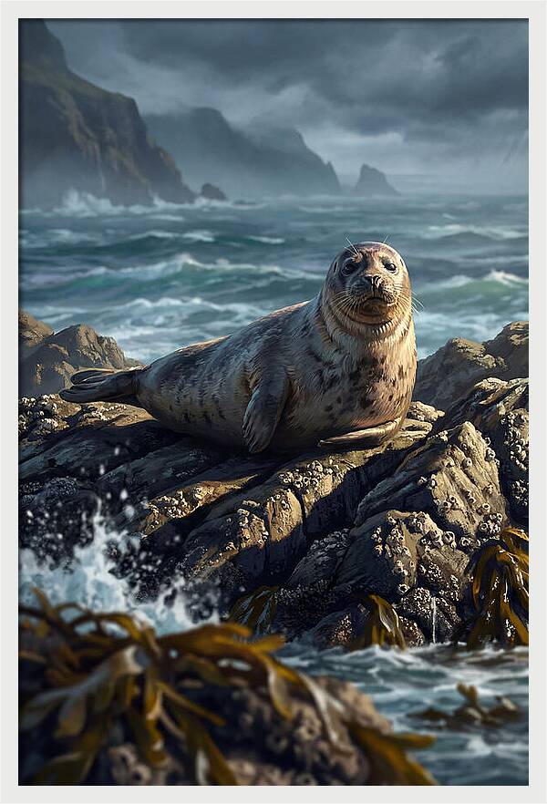 Basking Harbor Seal On Rocky Shore