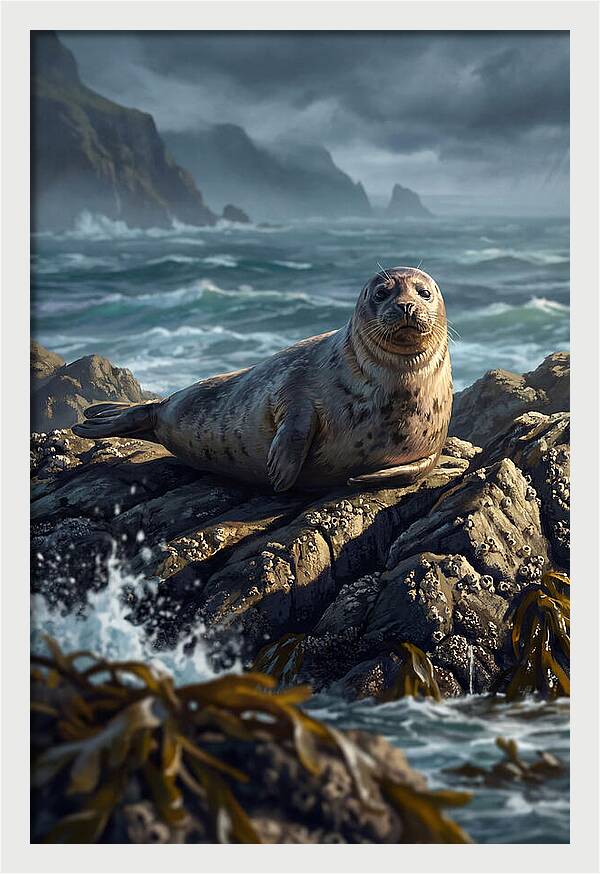 Basking Harbor Seal On Rocky Shore