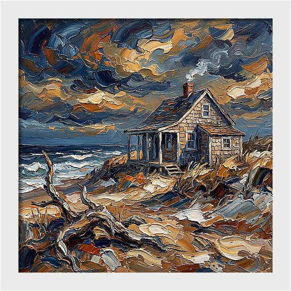 Beach Cottage Under Stormy Skies
