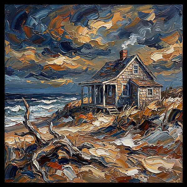 Beach Cottage Under Stormy Skies