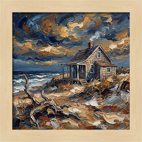 Beach Cottage Under Stormy Skies