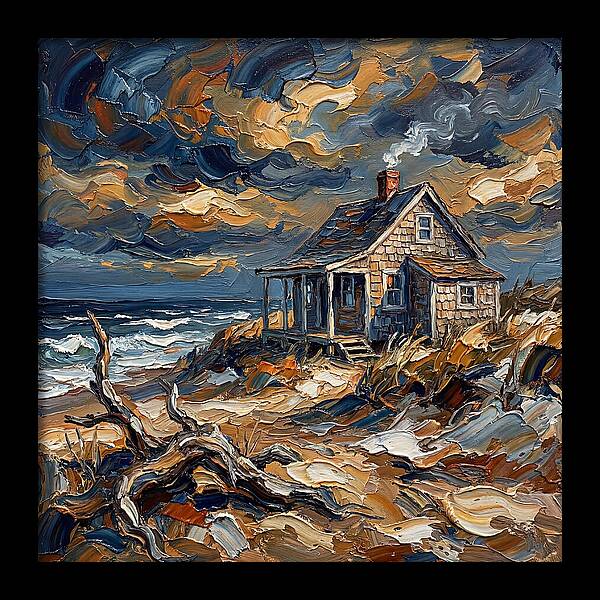 Beach Cottage Under Stormy Skies