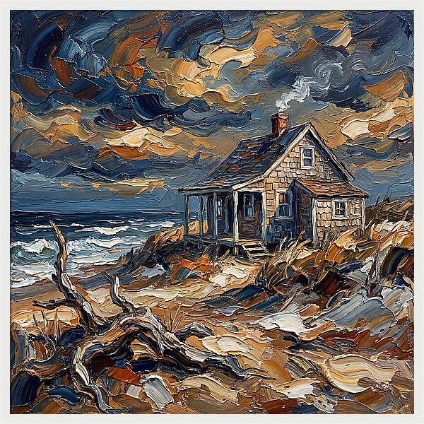 Beach Cottage Under Stormy Skies