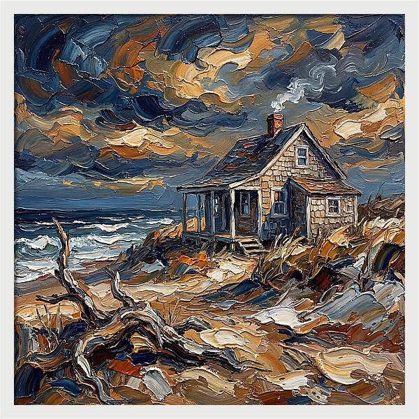 Beach Cottage Under Stormy Skies