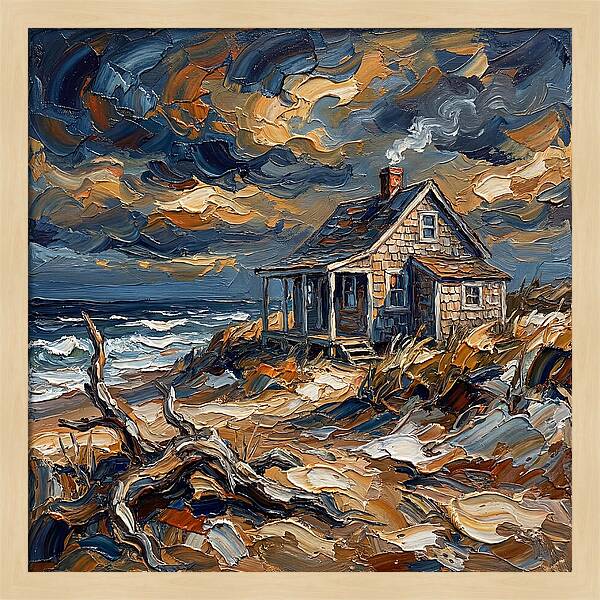Beach Cottage Under Stormy Skies