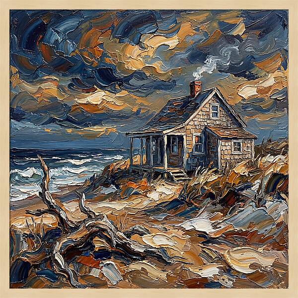 Beach Cottage Under Stormy Skies