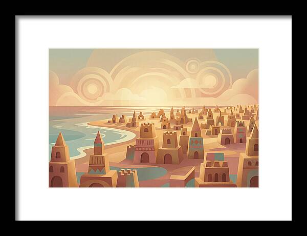 Beach Of Sand Castles At Sunset
