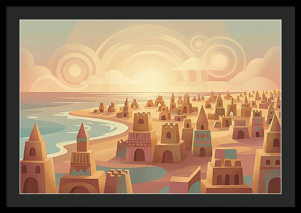 Beach Of Sand Castles At Sunset