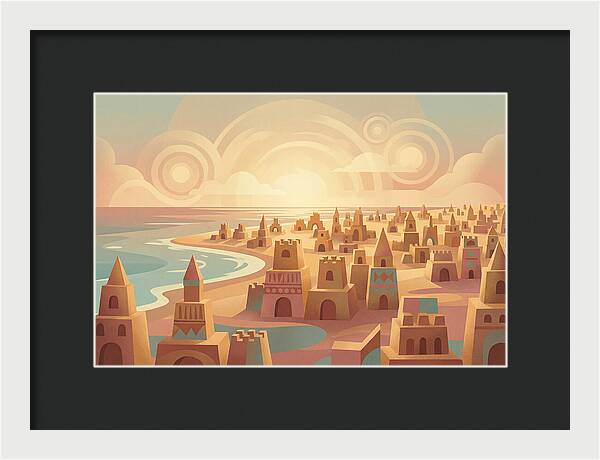 Beach Of Sand Castles At Sunset