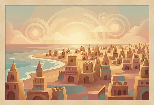 Beach Of Sand Castles At Sunset