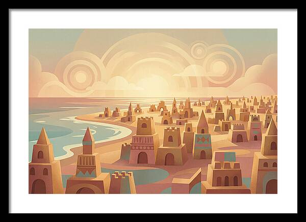 Beach Of Sand Castles At Sunset