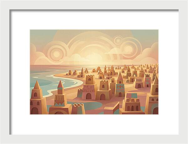 Beach Of Sand Castles At Sunset