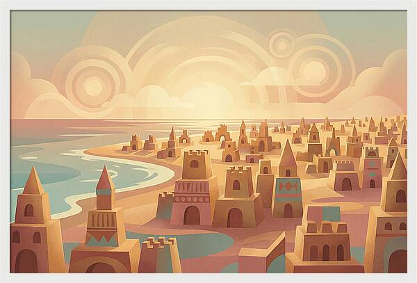 Beach Of Sand Castles At Sunset