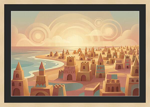 Beach Of Sand Castles At Sunset