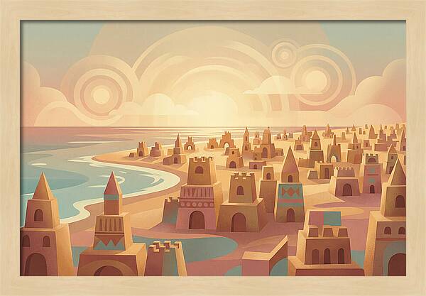 Beach Of Sand Castles At Sunset