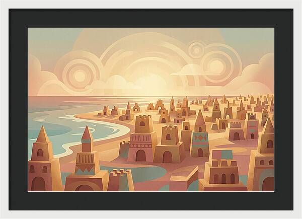 Beach Of Sand Castles At Sunset