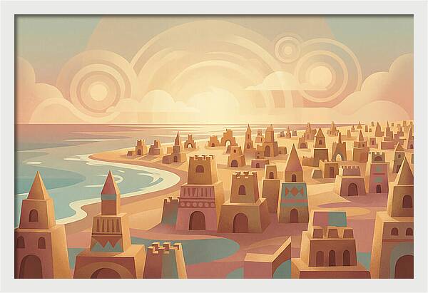 Beach Of Sand Castles At Sunset