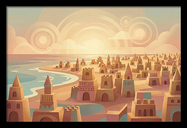 Beach Of Sand Castles At Sunset