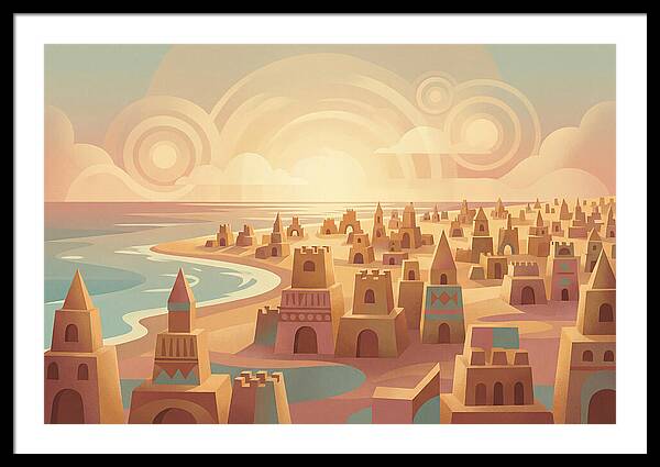 Beach Of Sand Castles At Sunset