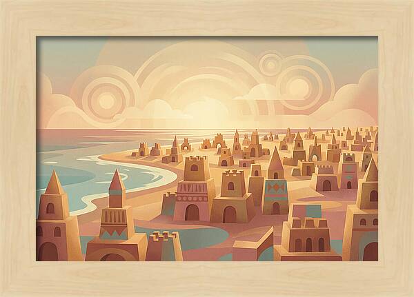 Beach Of Sand Castles At Sunset