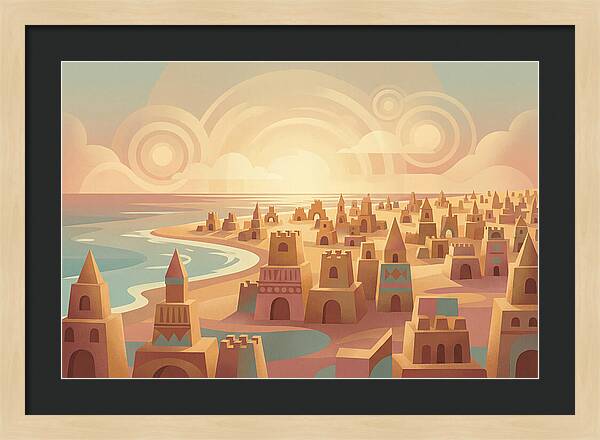 Beach Of Sand Castles At Sunset