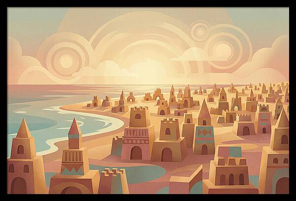 Beach Of Sand Castles At Sunset