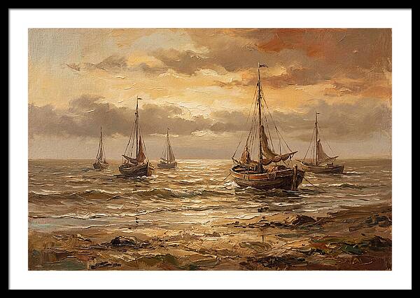 Beach Sunrise With Fishing Boats
