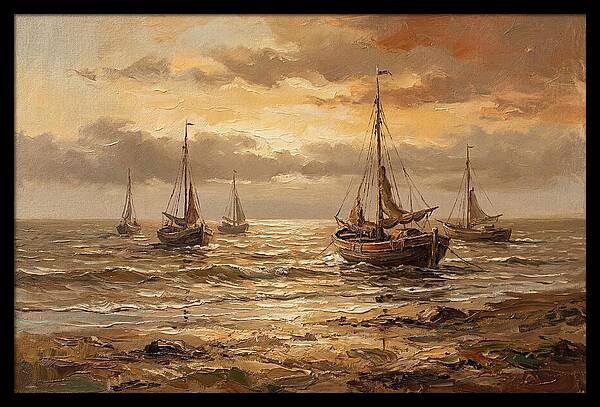 Beach Sunrise With Fishing Boats