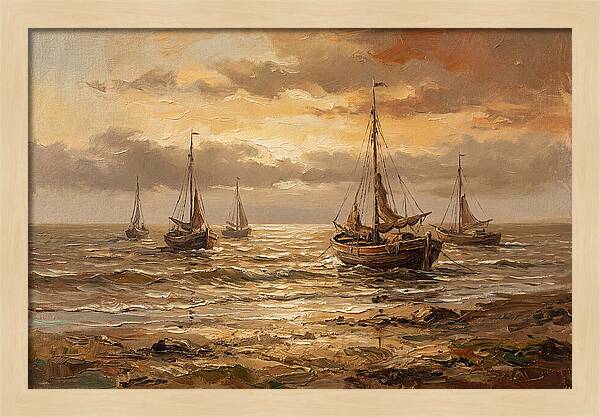 Beach Sunrise With Fishing Boats