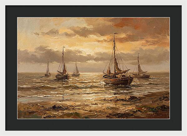 Beach Sunrise With Fishing Boats