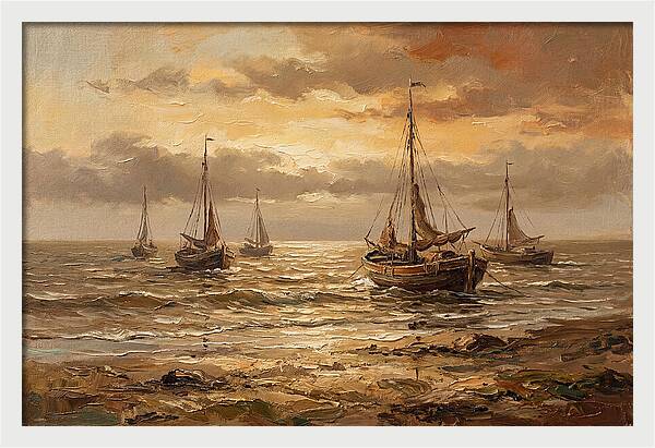 Beach Sunrise With Fishing Boats
