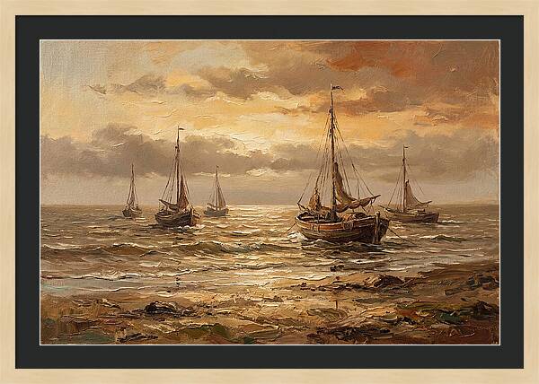 Beach Sunrise With Fishing Boats