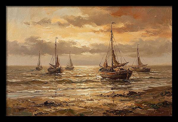 Beach Sunrise With Fishing Boats