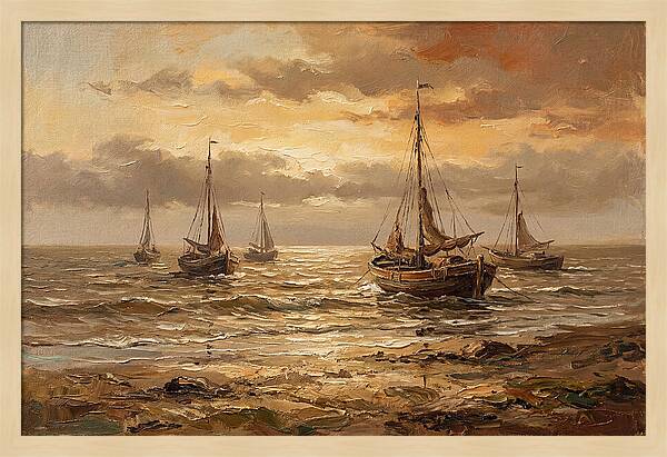Beach Sunrise With Fishing Boats