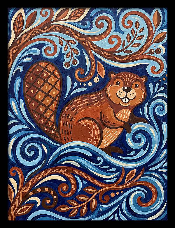 Beaver Among Swirling Waves