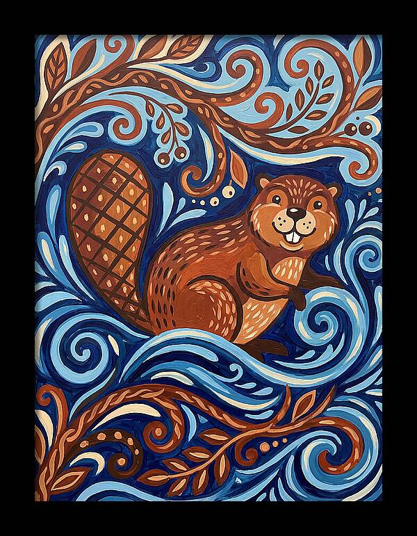 Beaver Among Swirling Waves