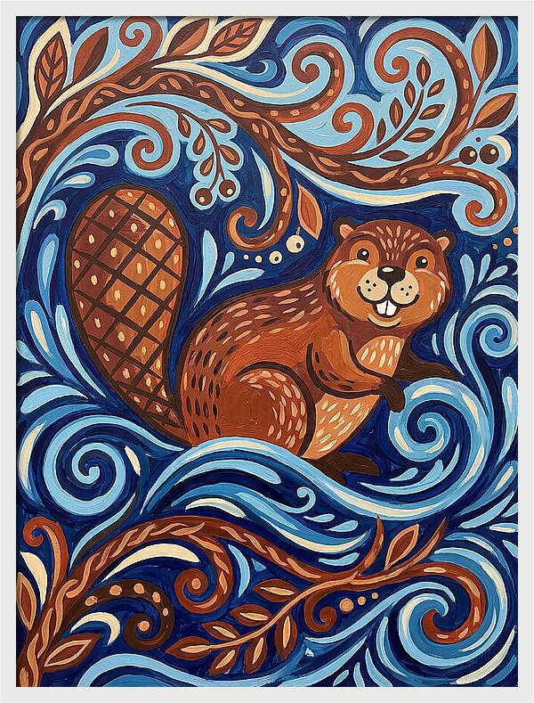 Beaver Among Swirling Waves