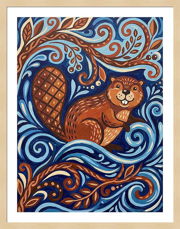 Beaver Among Swirling Waves