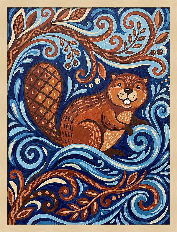 Beaver Among Swirling Waves